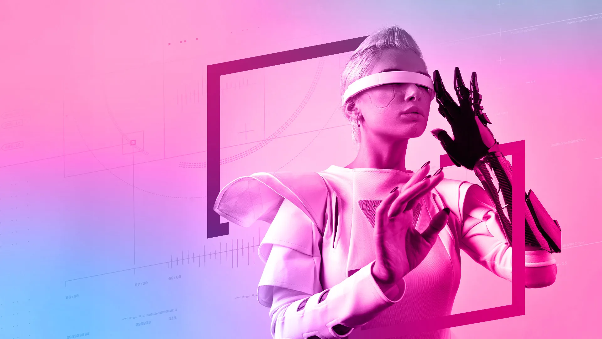 A person wearing futuristic VR headset and gloves interacts with a digital interface, showcasing immersive technology. The scene highlights a blend of physical and virtual elements, emphasizing advanced digital interaction.