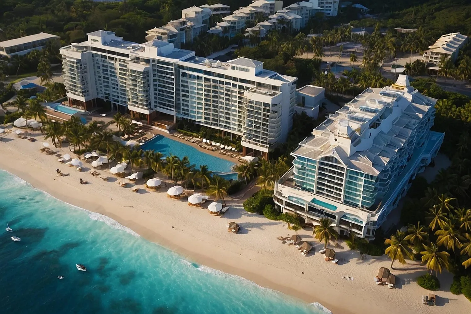 Aerial view of a luxurious resort featuring multiple white buildings with large windows overlooking a pristine beach. The scene includes inviting pools, lush palm trees, and clear turquoise waters adjacent to the sandy shore.