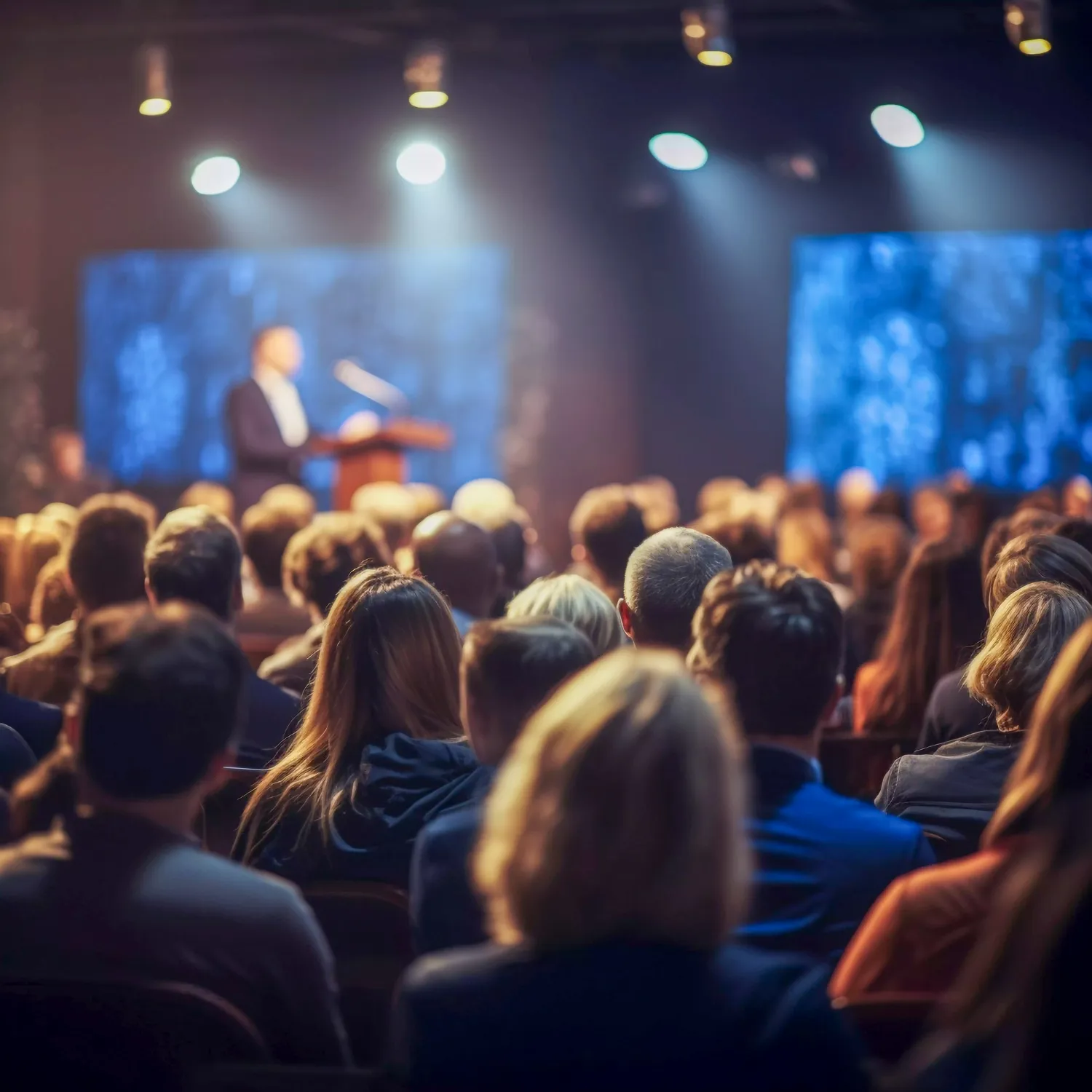 Audience attentively facing a stage speaker under professional lighting, engaged in what appears to be a conference or seminar setting. The backdrop features vibrant stage elements with dynamic lighting effects.