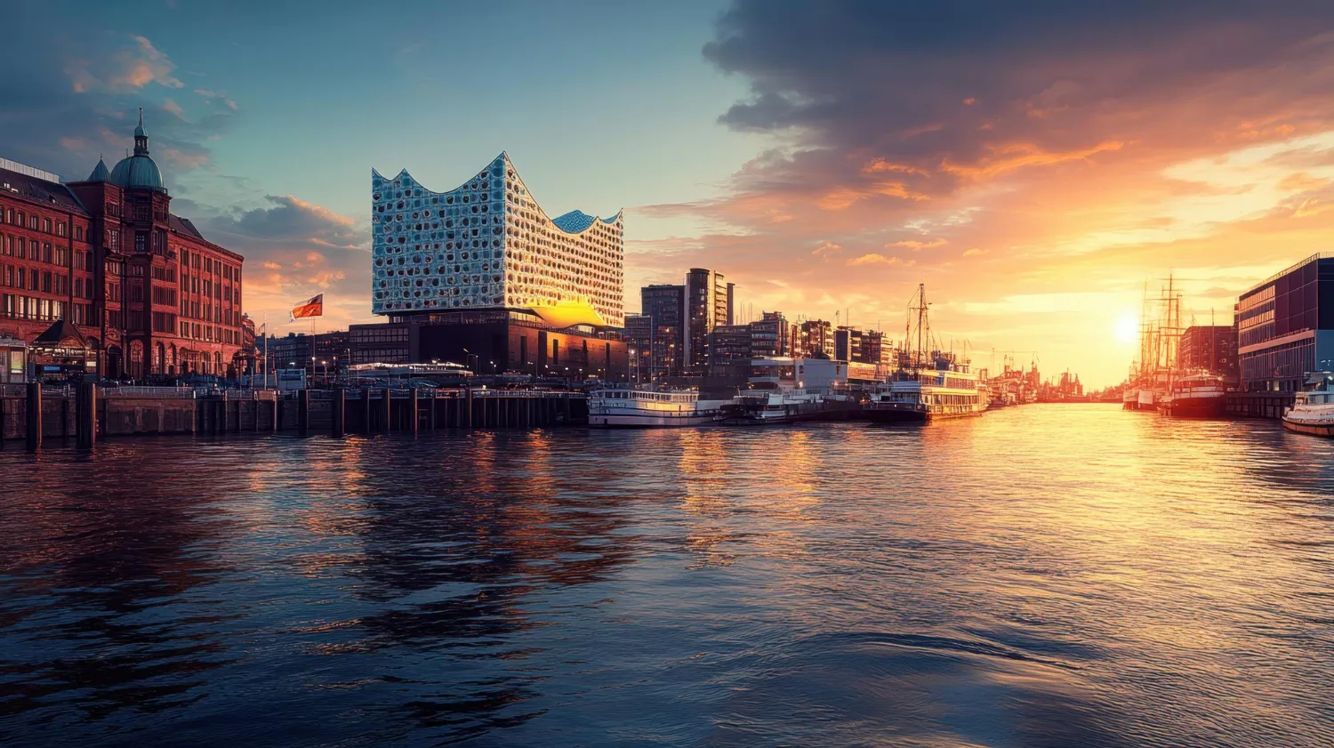 A vibrant evening scene captures a waterfront cityscape at sunset. The image features a striking modern building with unique geometric patterns alongside historic brick structures, illuminated by warm golden hues. Reflections ripple across the calm water, with boats docked along the harbor edge.