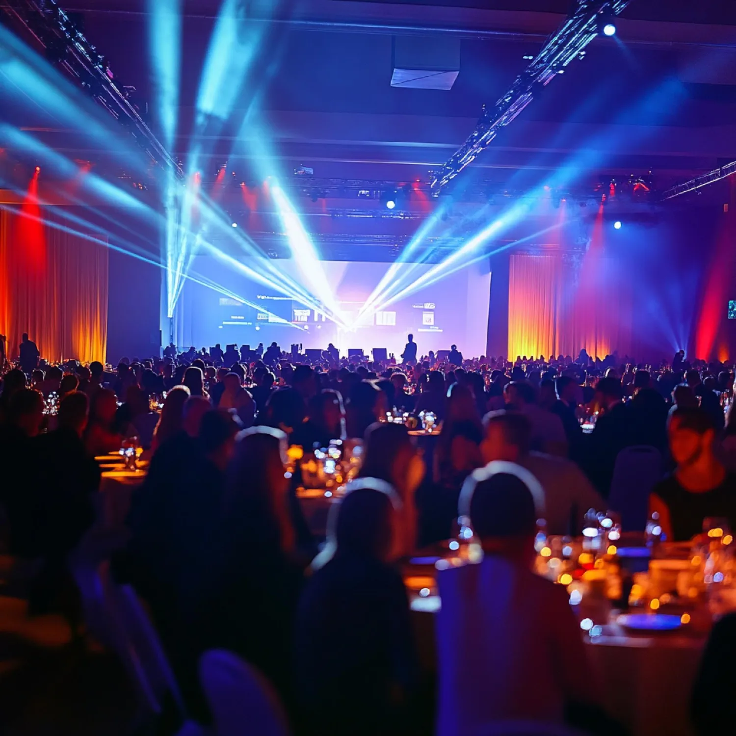 A vibrant audience gathered in front of a brightly lit stage adorned with dramatic lighting beams. The scene captures an engaging event with attendees facing a speaker or presentation area under colorful stage backdrops.