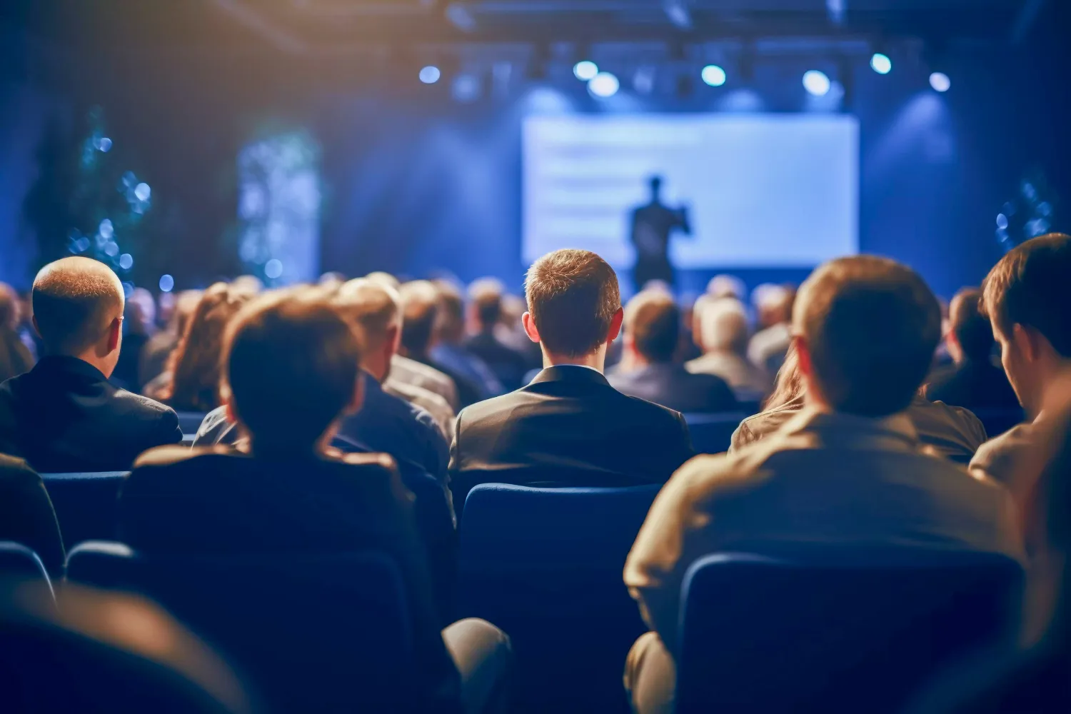 Attendees seated in a professional conference hall facing a stage with an illuminated speaker presenting to an engaged audience. The scene captures a formal event setting with dim lighting and stage lighting highlighting the presentation area.