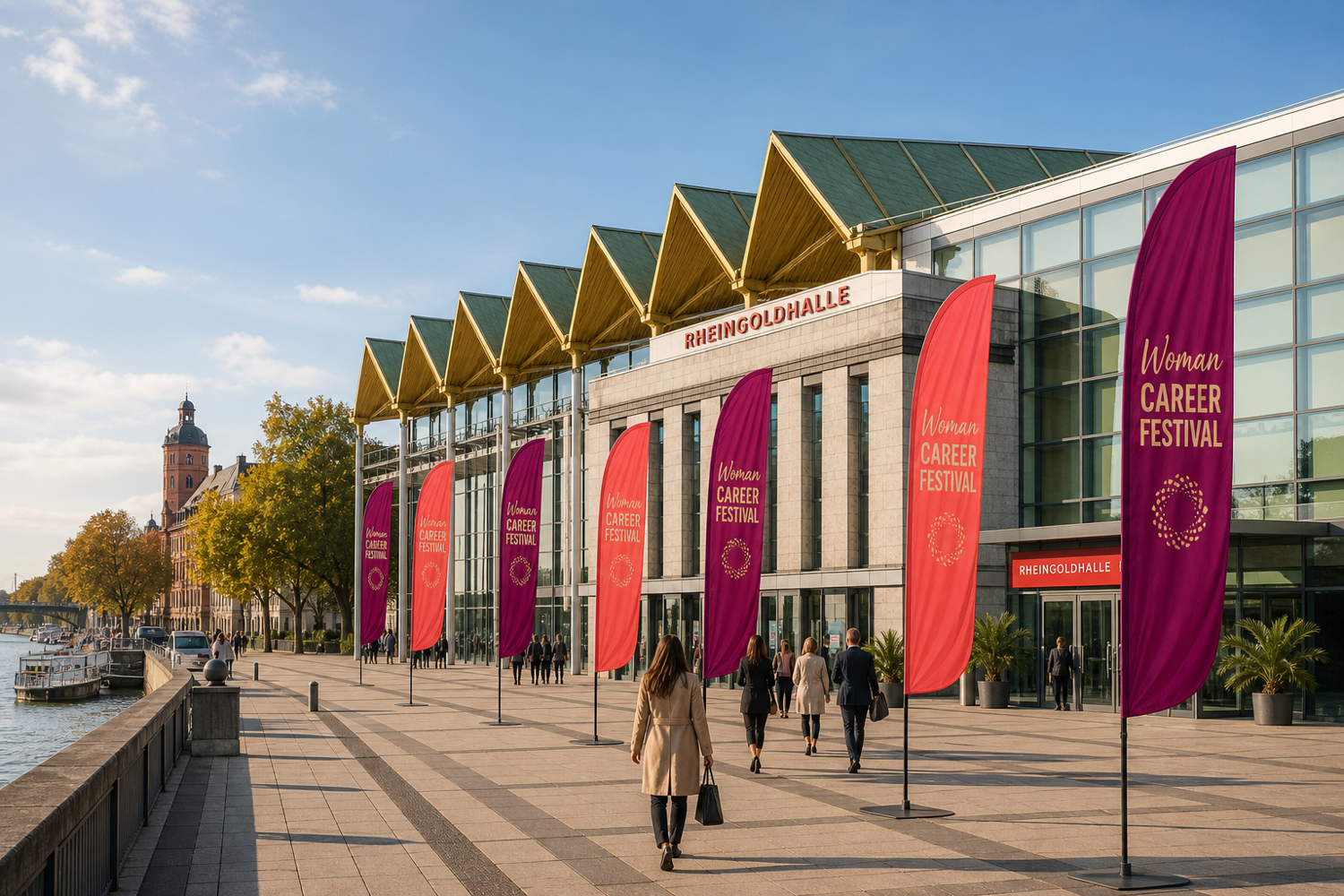 Professional event banner flags for the Woman Career Festival displayed outside Rheingoldhalle venue, with modern architectural building featuring large glass windows and distinctive roof design. Attendees in business attire walk along a paved pathway beside a waterfront area under clear skies.
