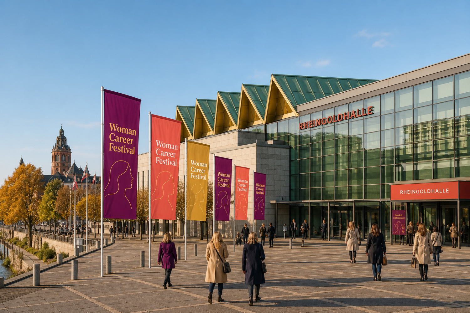 Colorful banners displaying "Woman Career Festival" with silhouettes of women’s profiles flank the modern Rheingoldhalle building entrance. Attendees are seen walking toward the venue under clear skies, set against a backdrop of urban architecture and autumn foliage.