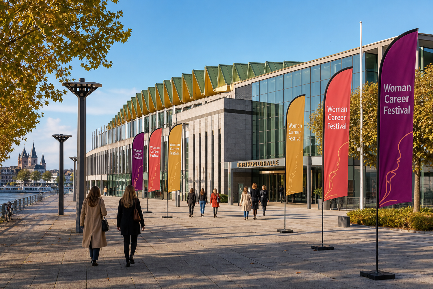 Colorful banners displaying "Woman Career Festival" line the exterior of a modern glass building. Attendees are walking along a wide, paved pathway near waterfront views, with architectural landmarks visible in the background.