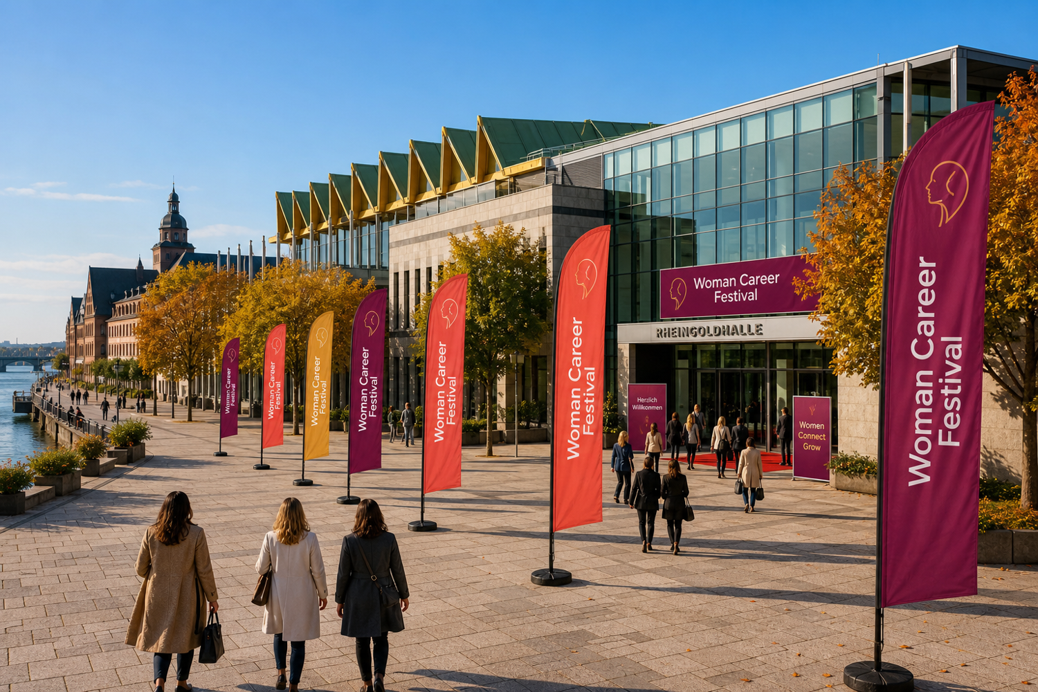 Attendees walking toward an urban event venue hosting the Woman Career Festival, featuring colorful banners with event branding and a modern architectural building with glass facades and autumn trees lining the pathway beside a waterfront.
