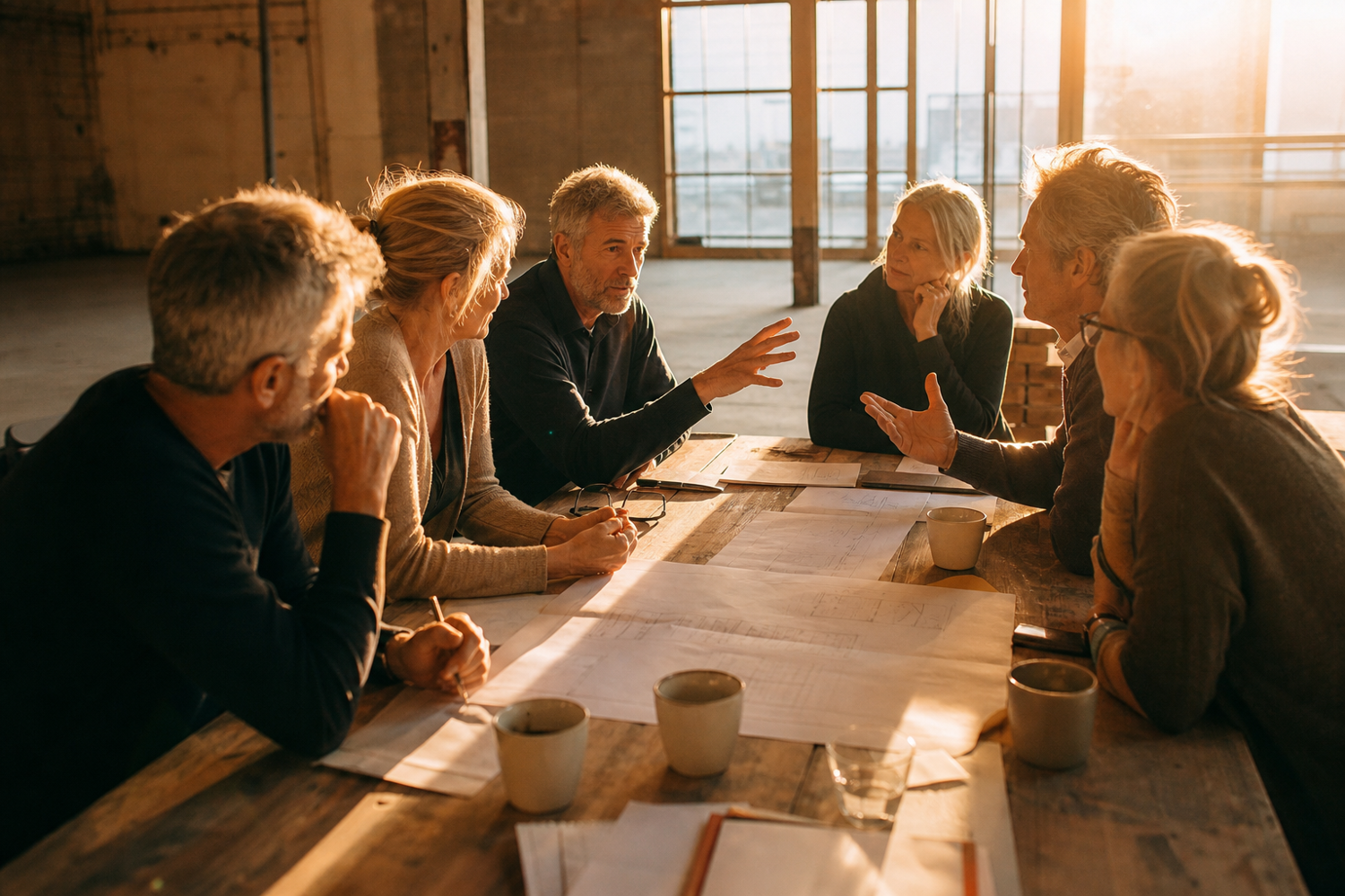 A group of people engaged in a discussion around a wooden table in a spacious, well-lit room. They appear to be reviewing documents and sharing ideas, with natural light casting a warm glow.