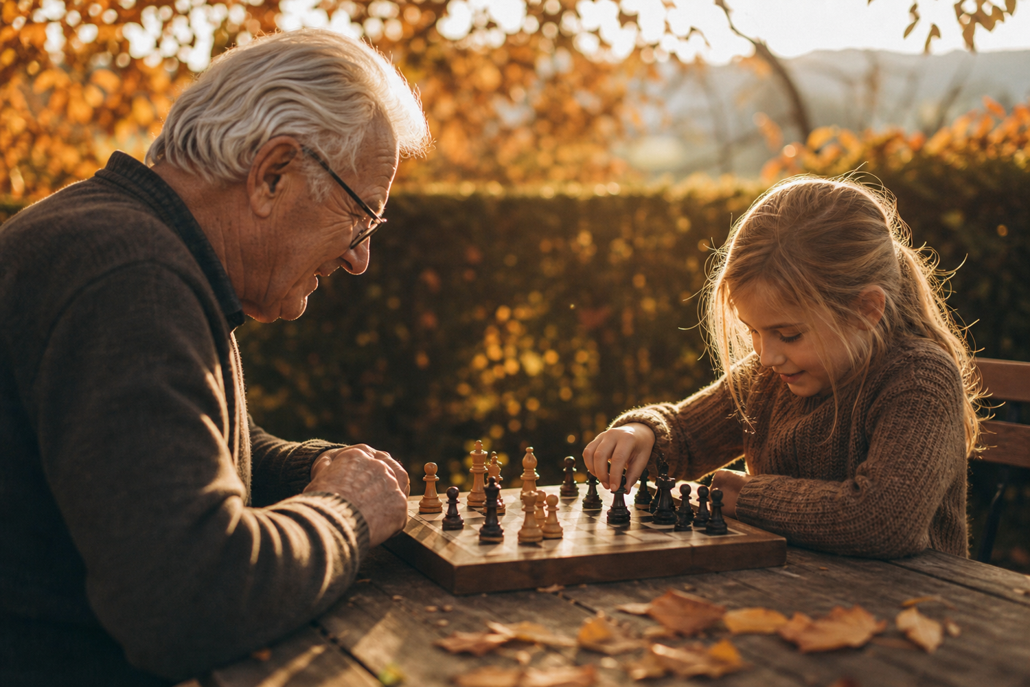 Two individuals playing chess outdoors on a wooden bench during autumn. A person with long hair and a cozy sweater focuses on the game, while an older individual with glasses engages intently beside them, surrounded by fallen leaves and autumn foliage.