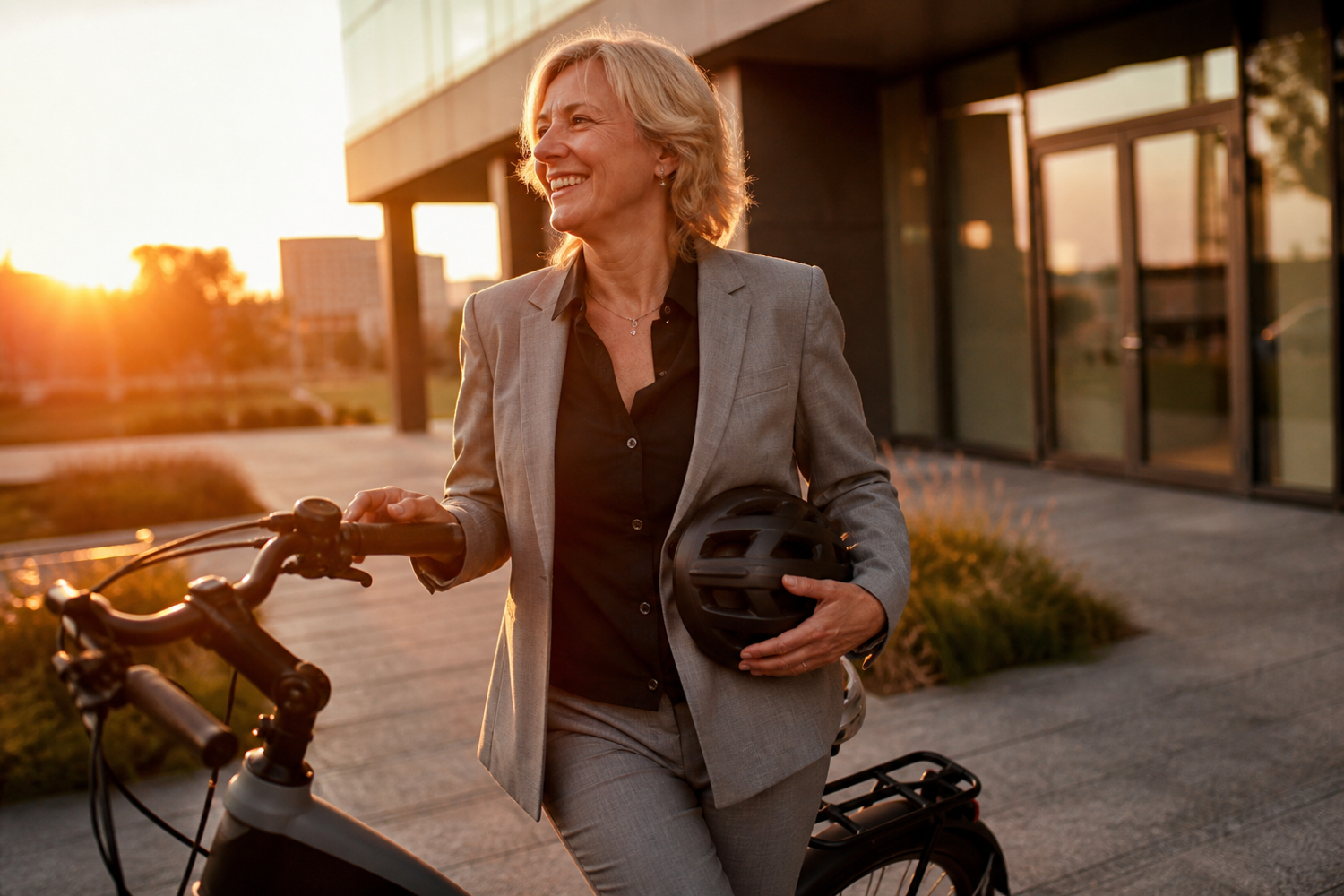 A woman in business attire stands near a bicycle, holding a helmet, smiling warmly under warm evening lighting. She appears to be at a modern building entrance during sunset.