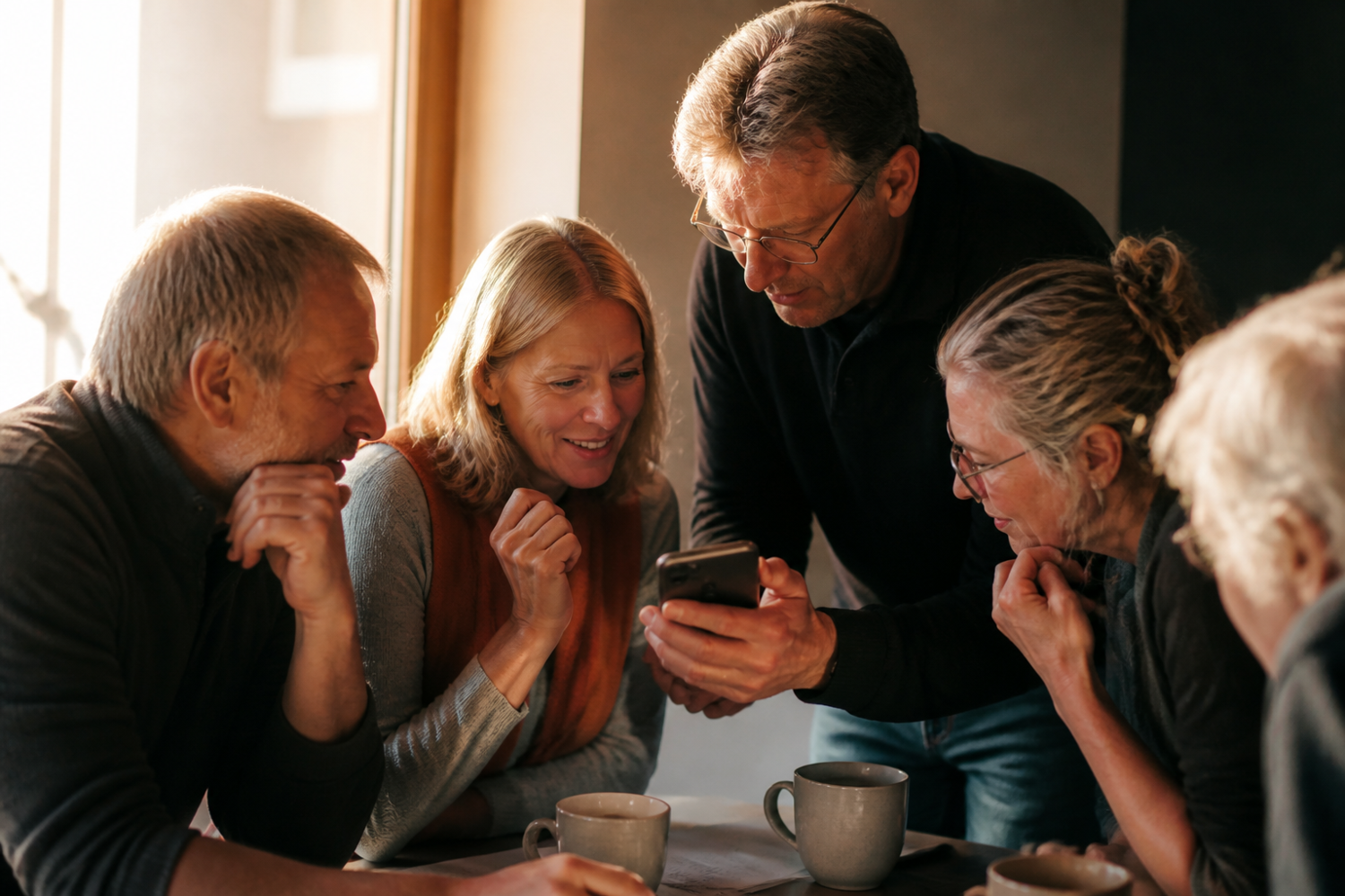 A cozy indoor setting features five individuals gathered around a table, engaged in viewing content on a smartphone. They appear to be enjoying a warm beverage, including mugs of what looks like tea or coffee.