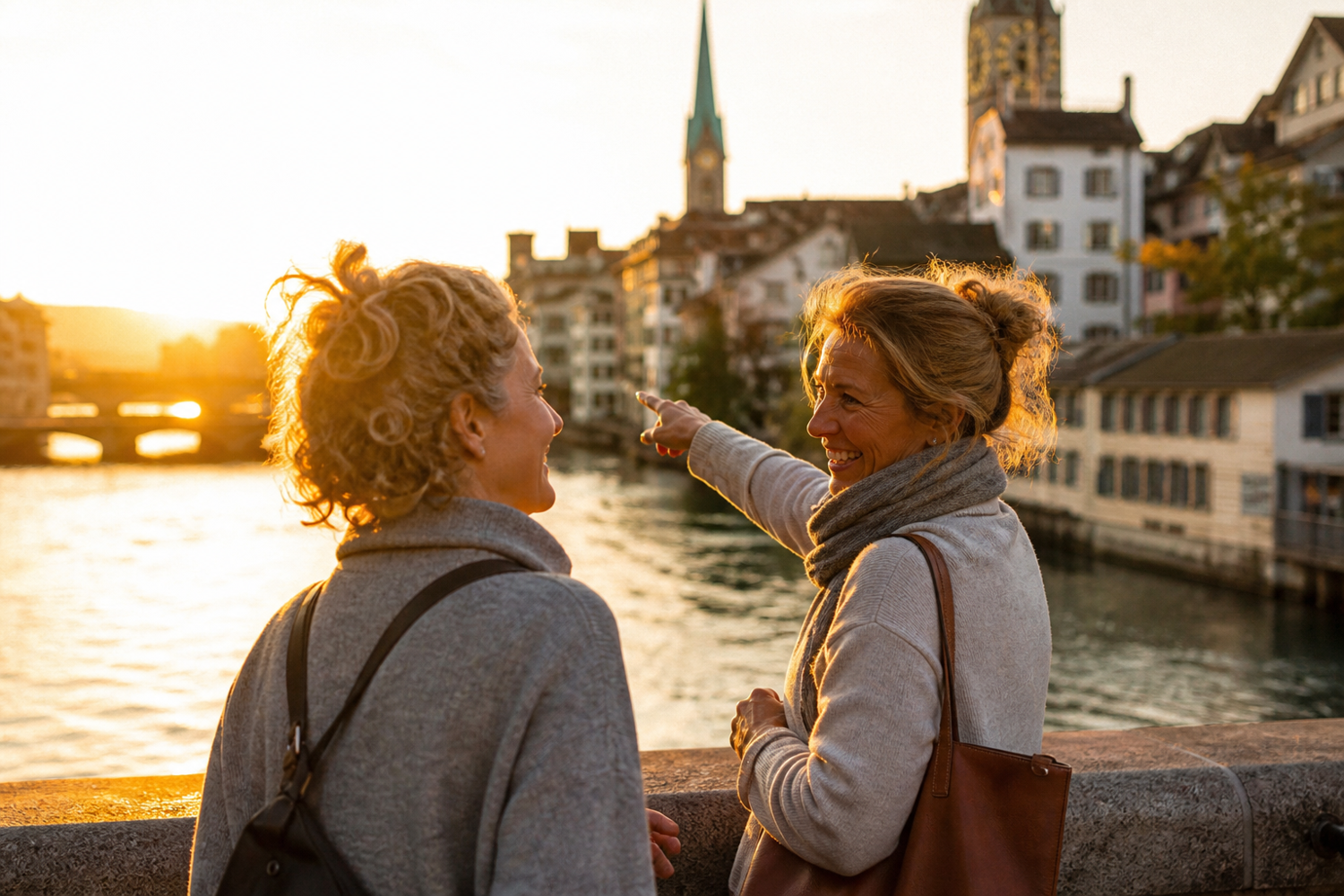 Two women enjoy a scenic riverside moment during golden-hour lighting, pointing toward charming historic buildings and a picturesque European cityscape. Warm sunlight bathes the tranquil waterfront and architectural details.