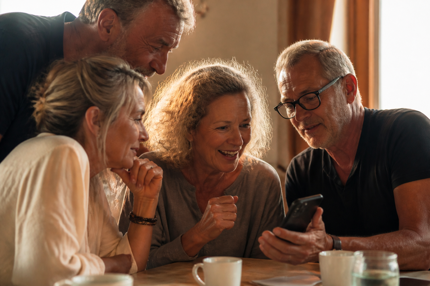 Four adults gathered around a table, engaged in conversation and examining a smartphone. Warm lighting highlights their expressions and casual attire in a cozy indoor setting.