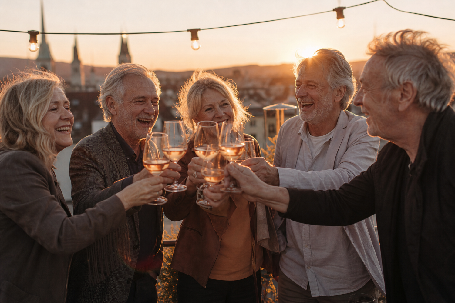 Five individuals gather outdoors during golden hour, raising wine glasses in a toast. Warm lighting and string lights create a festive atmosphere against a cityscape backdrop.