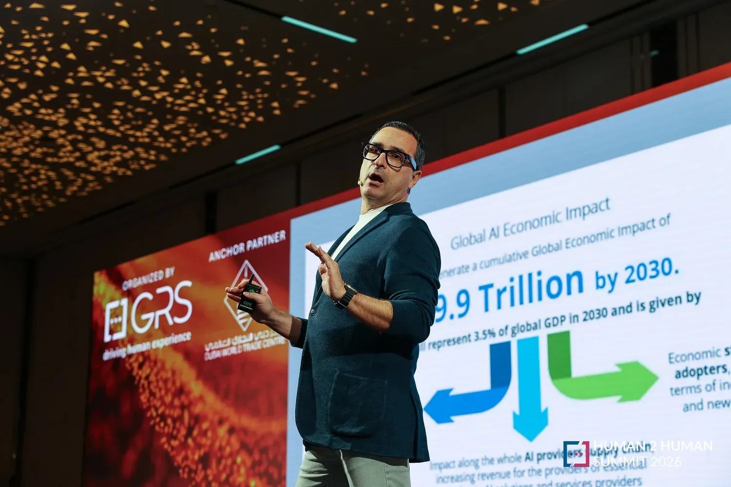 A speaker in glasses and a navy jacket gestures on stage beside a slide headed 'Global AI Economic Impact'