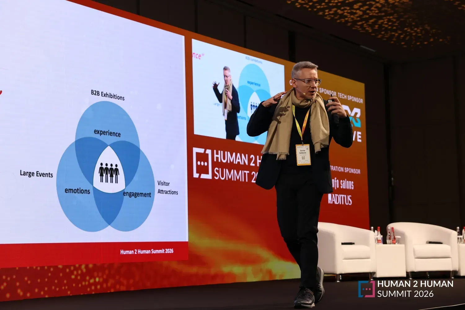 A speaker in a scarf on stage presenting a Venn diagram in which B2B exhibitions, large events and visitor attractions overlap on experience, emotions and engagement